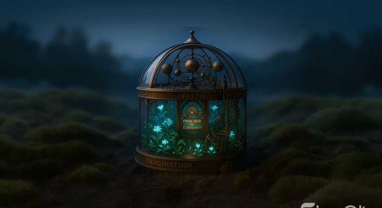 Glass domed structure labelled “Imagination Plus Faith” containing glowing plants and small figures climbing a spiral staircase toward an orrery marked “Love” and “Peace,” set in a dark, misty landscape